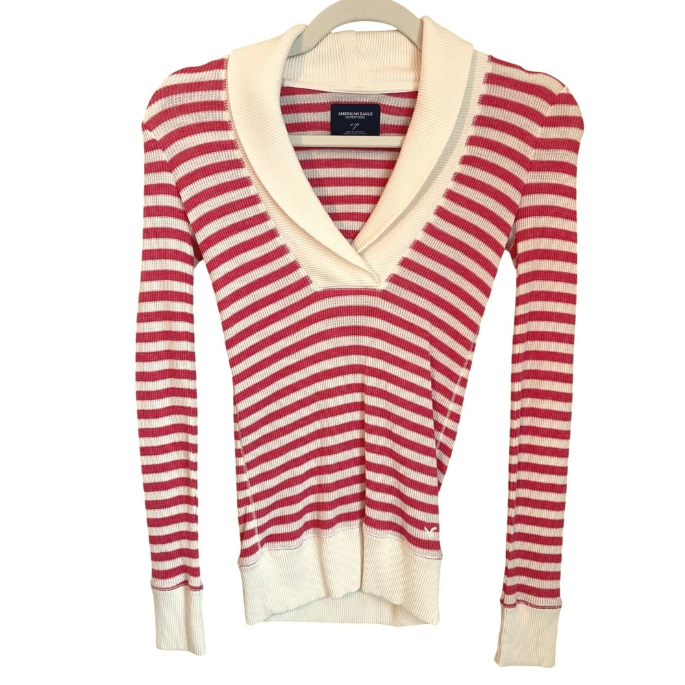 American Eagle Outfitters Y2K Size S Shawl Collar Long Thermal Top Pink Stripe